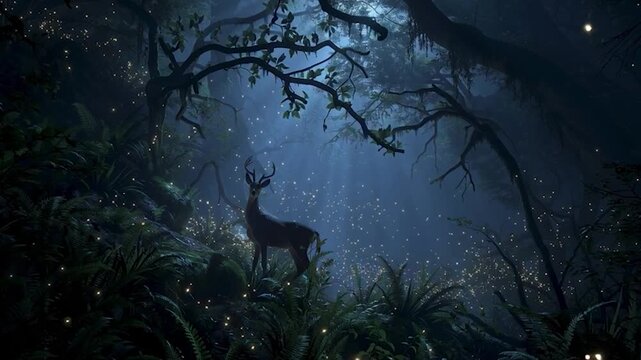 Whimsical Deer in Enchanted Forest at Night. The atmosphere is serene and dreamlike, evoking a sense of fantasy and the beauty of nature in the twilight. 