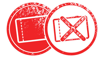 Red grunge style icons depicting a valid ticket and a canceled ticket in circular frames side by side
