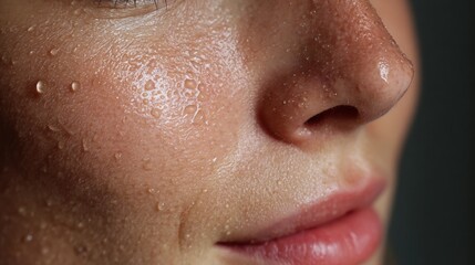Fototapeta premium Healthy Skin Radiates With Water Droplets and a Natural Glow Under Soft Lighting in a Serene Setting