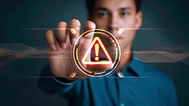 Man touching digital warning icon that changes color on contact. Slow motion. 4K.
