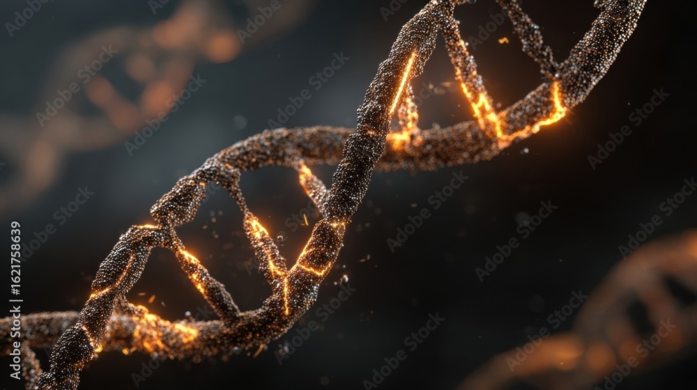 Poster 3d visualization of damaged dna helix segments repaired by pulsating neon enzymes tracing solder pat