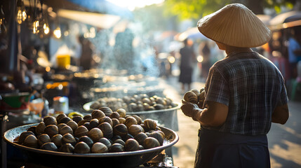 Person browsing cooked snail market stall