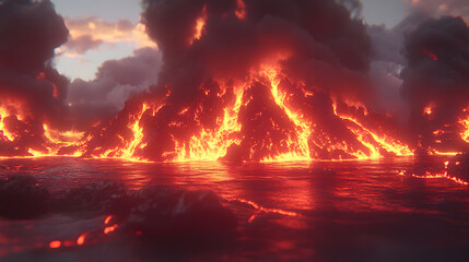 Lava flow at night, fiery orange and red colors, dark clouds in background.