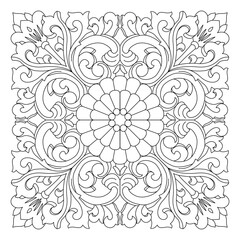 Square ornamental floral pattern displaying a central flower and ornate leaves.