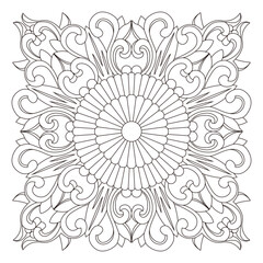 An intricate black line art pattern forms a symmetrical decorative floral design.