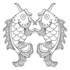 Two ornate fish face each other with perfect symmetry in a line art drawing.