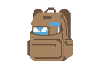 Pixelated Brown Backpack with Blue and White Contents Illustration