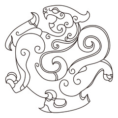 Stylized mythical creature roaring with ornate swirling lines in a dynamic action.