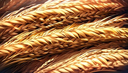 Golden spikes of ripe wheat in a detailed close-up. The warm light accentuates the texture, symbolizing harvest and agricultural abundance.
