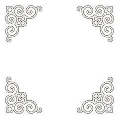 Ornate black line art corners with swirl patterns elegantly decorate the background.