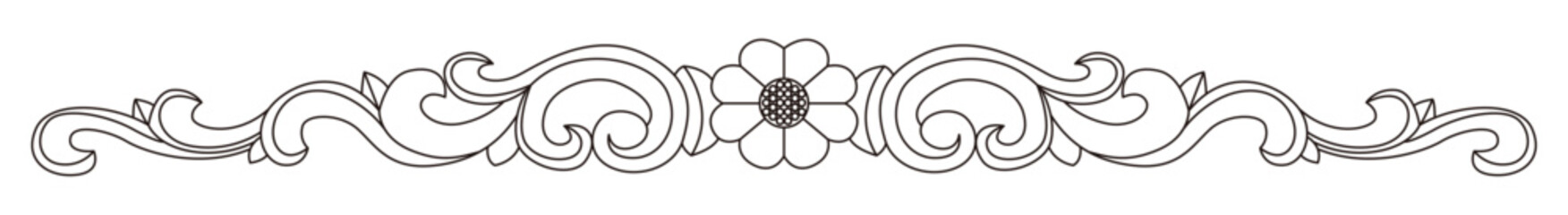 A classic black and white line art border features a central flower and ornate scrolls.