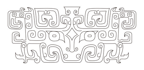 Symmetrical abstract line art pattern with intricate decorative flowing shapes.
