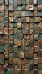Mosaic of Brown and Green Wooden Tiles with Faded Joints