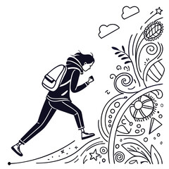Young person with backpack climbing abstract organic shapes and plants towards the sky