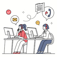 Customer service representatives wearing headsets work at computers with communication icons above them