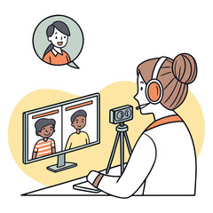 Woman wearing headphones and microphone participating in a video conference call with two colleagues