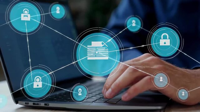 Hands typing on a laptop, featuring a digital overlay of interconnected icons locks, users, documents. Represents cybersecurity, data protection, global network, and secure online communication. - Powered by Adobe