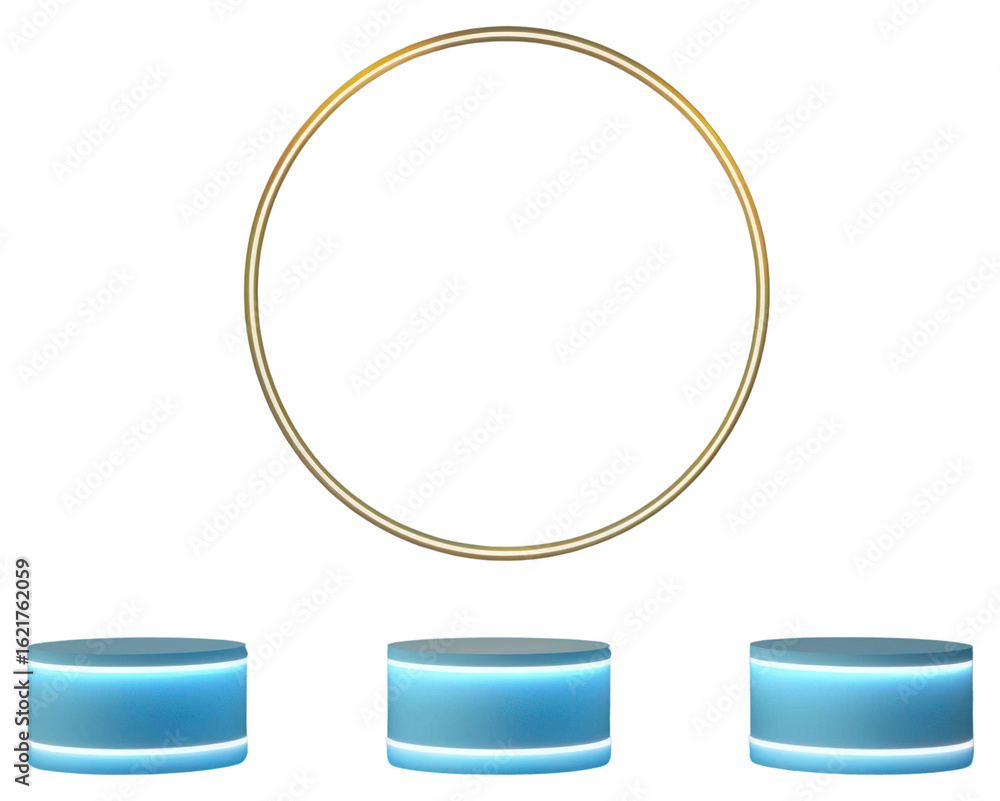 Poster png abstract blue background with three hexagonal ipedestals abstract display glowing.