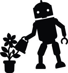  robot watering a plant vector art illustration.