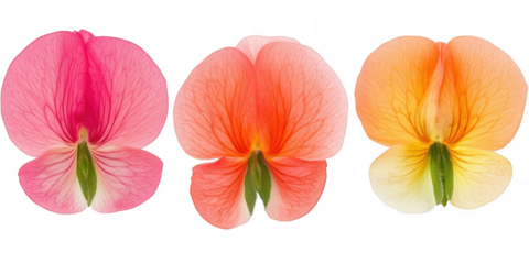 Three sweet pea flowers in a row on transparent png background