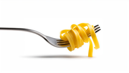 Fork with twisted yellow spaghetti noodles on white background for Italian cuisine concept
