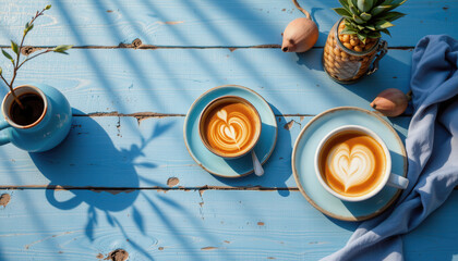 Warm coffee cups with heart shaped latte art sit on rustic blue wooden table, surrounded by natural elements like small plant and decorative items, creating cozy atmosphere