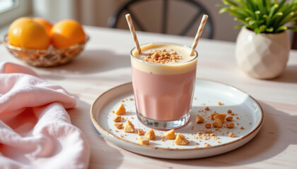 Creamy beverage topped with crushed cookies, served in glass with two straws. drink is placed on white plate scattered with cookie crumbs, alongside pink cloth and bowl of oranges