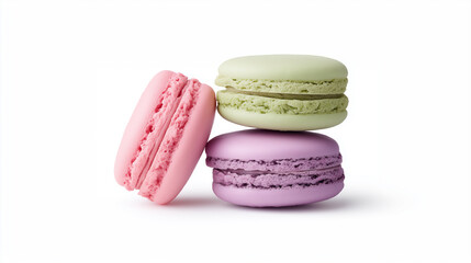 Colorful French macarons in pink green and purple arranged on white background for elegant pastry concept