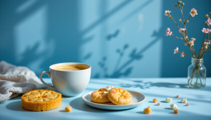 Cozy scene featuring cup of coffee beside plate of cookies, with soft blue background and delicate flowers adding touch of elegance. warm sunlight casts gentle shadows, creating serene atmosphere