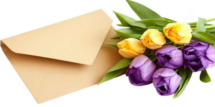 Envelope and tulips floral arrangement on transparent png background
