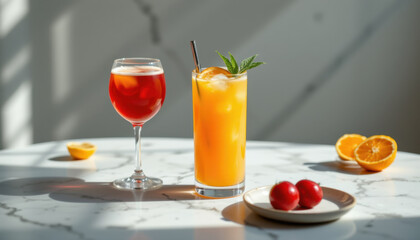 Refreshing cocktails on marble table, featuring vibrant orange drink with mint and red beverage in glass. Citrus fruits and cherries add colorful touch to scene