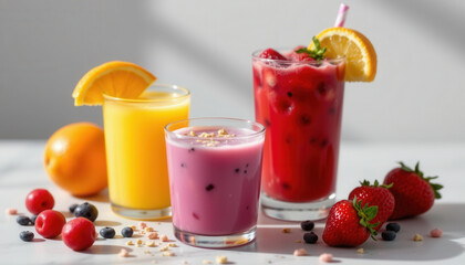 Refreshing and colorful drinks displayed table, featuring yellow citrus beverage, pink berry smoothie topped with granola, and red fruit punch garnished with mint. vibrant colors and fresh fruits