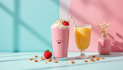 Delightful pink milkshake topped with whipped cream and strawberries, alongside refreshing yellow juice in glass. Perfect for sunny day, this vibrant scene evokes joy and relaxation