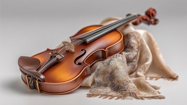 Shiny wood violin rests on a soft patterned shawl against a light background