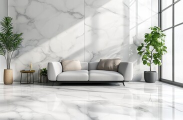 Featuring glossy white marble floors and walls with modern decor, this interior radiates sophistication and luxury, perfect for elite residential or commercial environments.