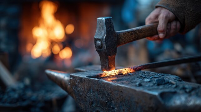 Hands of a blacksmith gripping a hammer and working on a glowing steel rod over an anvil with a fiery furnace burning brightly in the background.