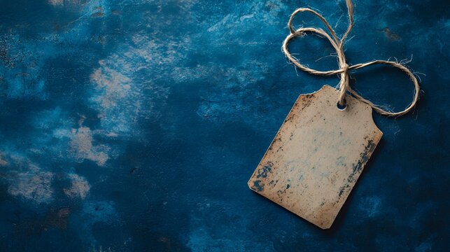Vintage paper tag floating in blue space with abstract texture, minimalist design concept.