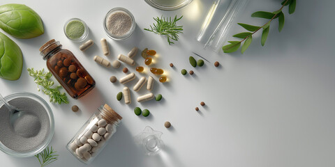 Clean modern flat lay image showcasing nutritional supplements, herbs, and natural ingredients on white background, conveying sense of health and wellness