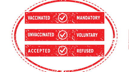 Red oval with vaccinated mandatory unvaccinated voluntary accepted and refused options with checkmarks