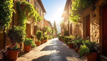 Fototapeta premium Charming Tuscan Streetscape with Potted Plants in San Quirico d'Orcia, Italy