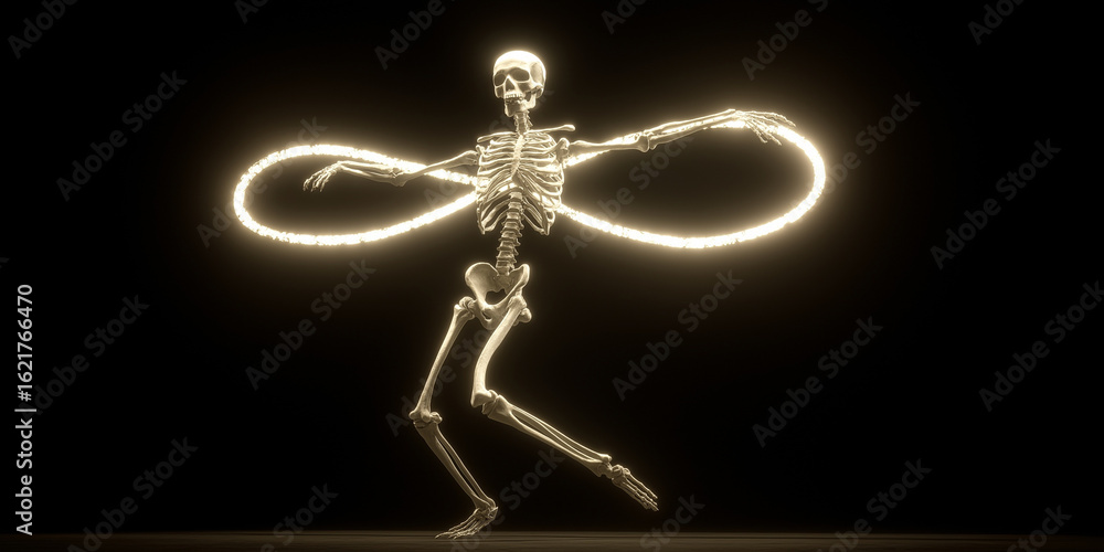 Poster glowing human skeleton dances with infinity symbol, creating mesmerizing and surreal visual effect. 