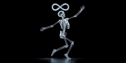 Glowing human skeleton dances joyfully with illuminated infinity symbol above its head, set against dark background. scene conveys sense of eternal movement and energy