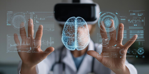 Doctor wearing VR headset interacts with virtual brain holograms, showcasing futuristic medical technology