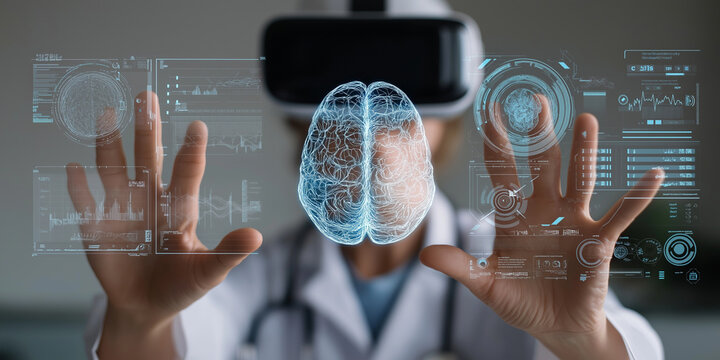 Doctor wearing VR headset interacts with virtual brain holograms, showcasing futuristic medical technology - Powered by Adobe