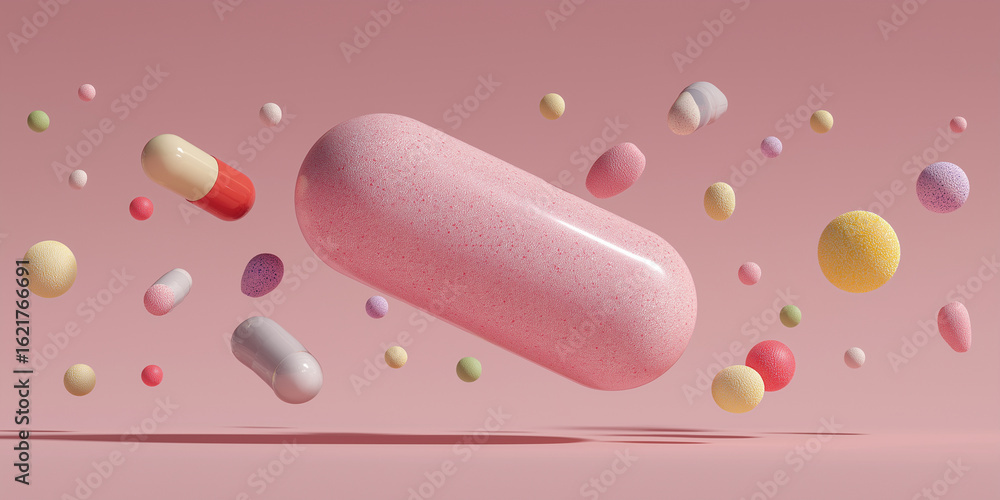Poster variety of colorful pills and capsules float against soft pink background, creating surreal and vibr