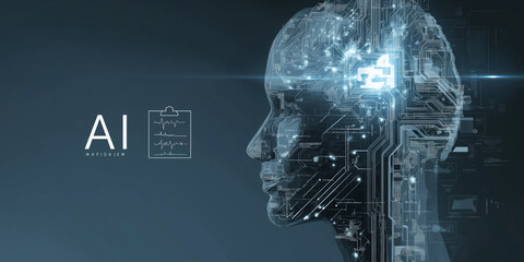 Fototapeta premium Digital illustration of human head with circuit patterns and glowing blue elements symbolizes artificial intelligence and technology. futuristic design conveys innovation and advanced computing