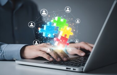 Hands typing on a laptop with colorful digital connections and user icons