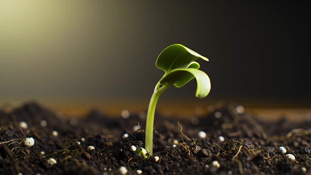 Vibrant Green Sprout Emerges From Soil A Time Lapse Captures New Life Germinating New Plant Growth and Unfurling Leaves Against Dark Background Soil in Studio Perfect For Decoration and Symbolizing