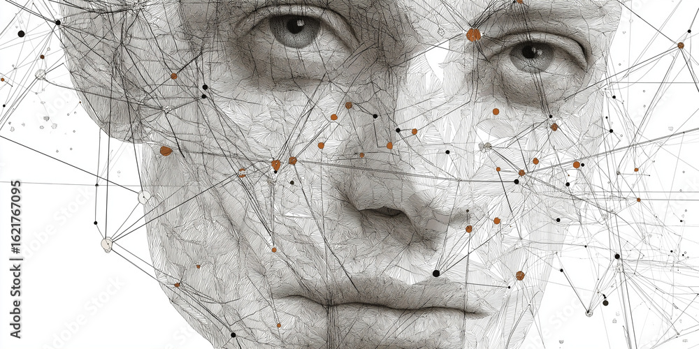 Poster digital artwork of human face is composed of intricate geometric data lines and abstract patterns, c