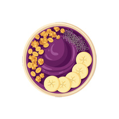 A vibrant purple acai bowl topped with granola, banana slices, and seeds.